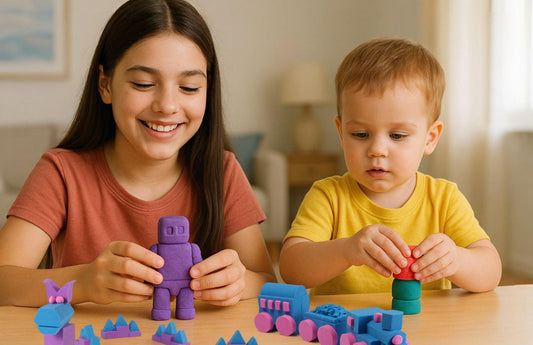 Children playing with Mad Mattr clay at home, building colorful shapes and figures for sensory and STEM learning.