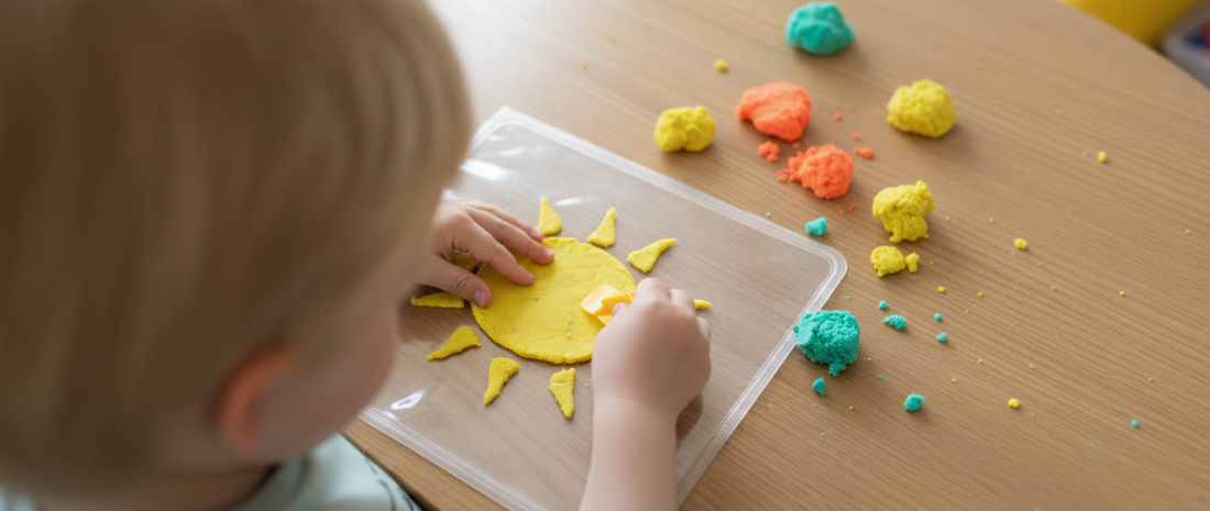 Child tracing a sun shape with Mad Mattr on a plastic sleeve — easy screen-free summer activity for kids Mad Mattr