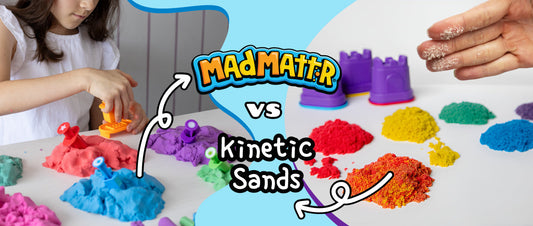 Mad Mattr sensory dough vs kinetic sand comparison showing colorful non-toxic sensory play compound for kids and mess-free creative play.