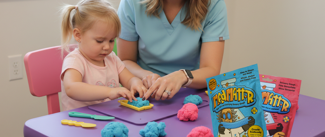 Occupational therapist working with a child using Mad Mattr sensory compound on a table — fine motor skills therapy session, non-toxic material