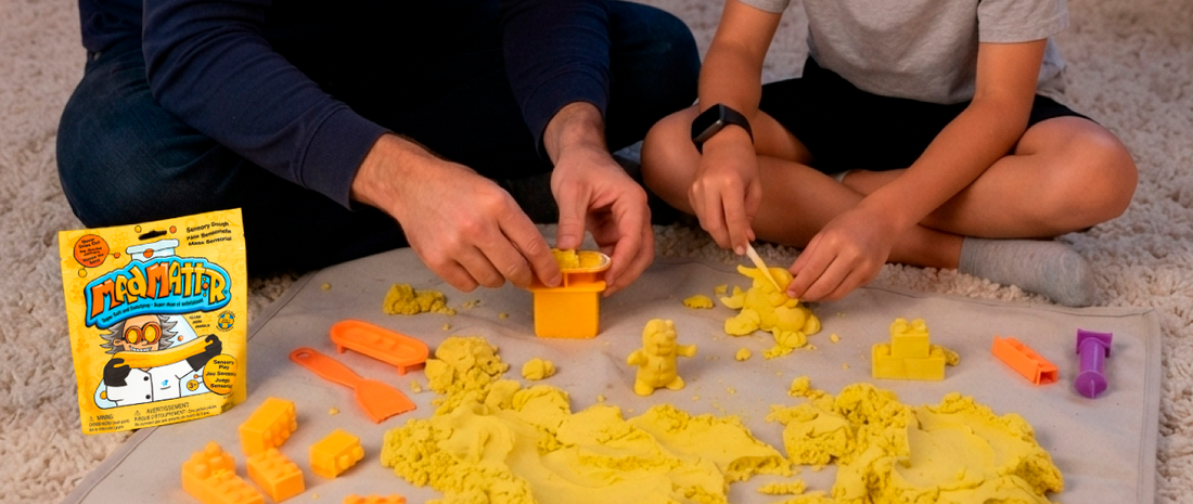 Parent and child playing quietly with Mad Mattr on the floor, screen-free evening wind-down