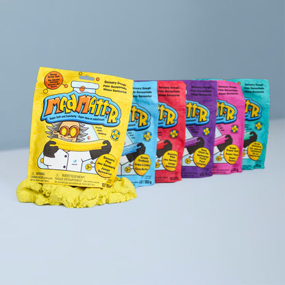 Mad Mattr Quantum Pack non toxic sensory dough set featuring 6 vibrant colors (yellow, blue, red, purple, pink, and teal). Mess-free, never-drying sensory play compound for kids, ideal for creative play, fine motor skills, and screen-free learning.